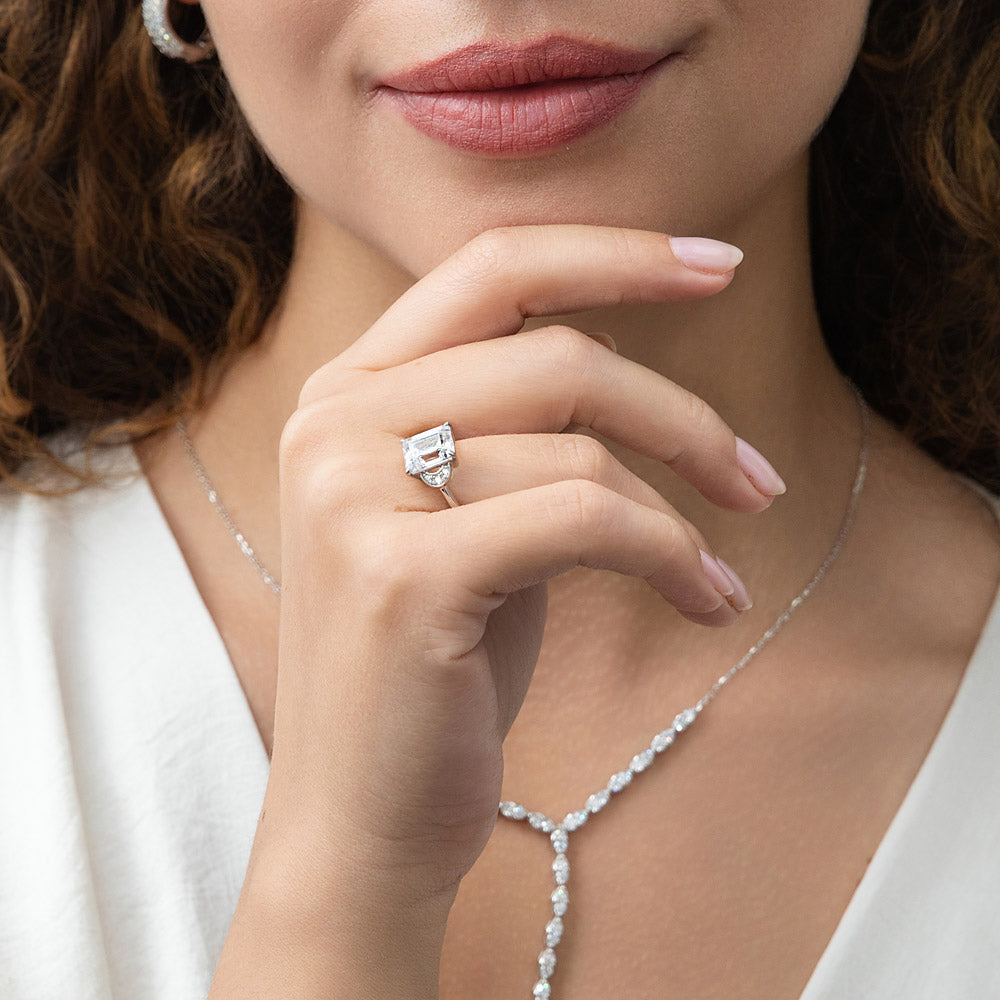 Model wearing Crescent Moon Solitaire 2.6ct CZ Ring in Sterling Silver, 7 of 9