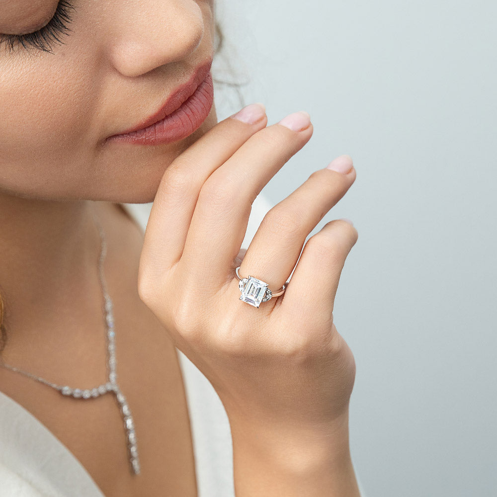 Model wearing Crescent Moon Solitaire 2.6ct CZ Ring in Sterling Silver, 6 of 9