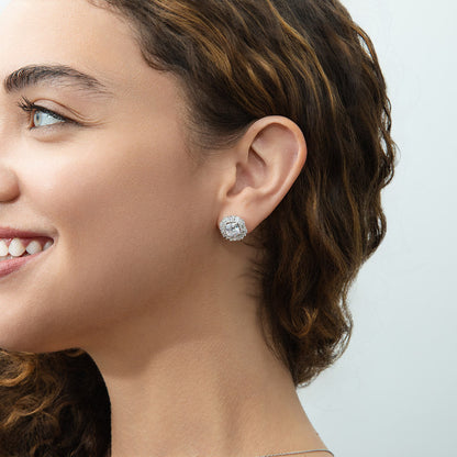 Art Deco Halo CZ Stud Earrings in Sterling Silver