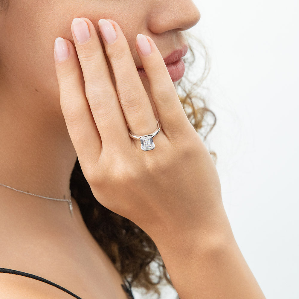 Solitaire 2.6ct Bezel Emerald Cut CZ Ring in Sterling Silver