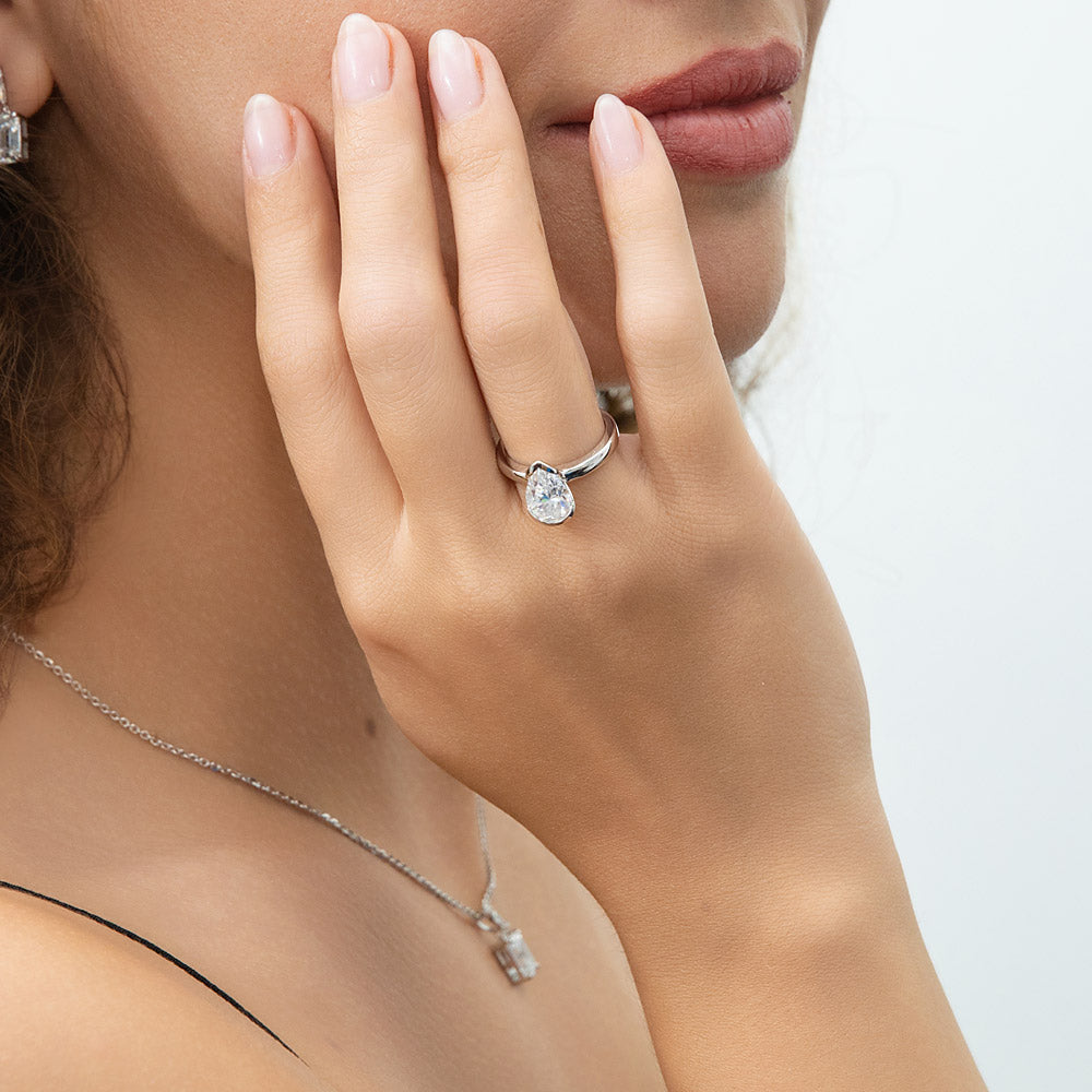 Solitaire 1.8ct Bezel Pear CZ Ring in Sterling Silver