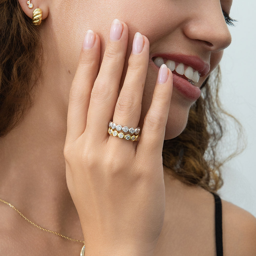 Model wearing Bubble Bezel CZ Eternity Ring Set in Gold Flashed Sterling Silver, 5 of 15