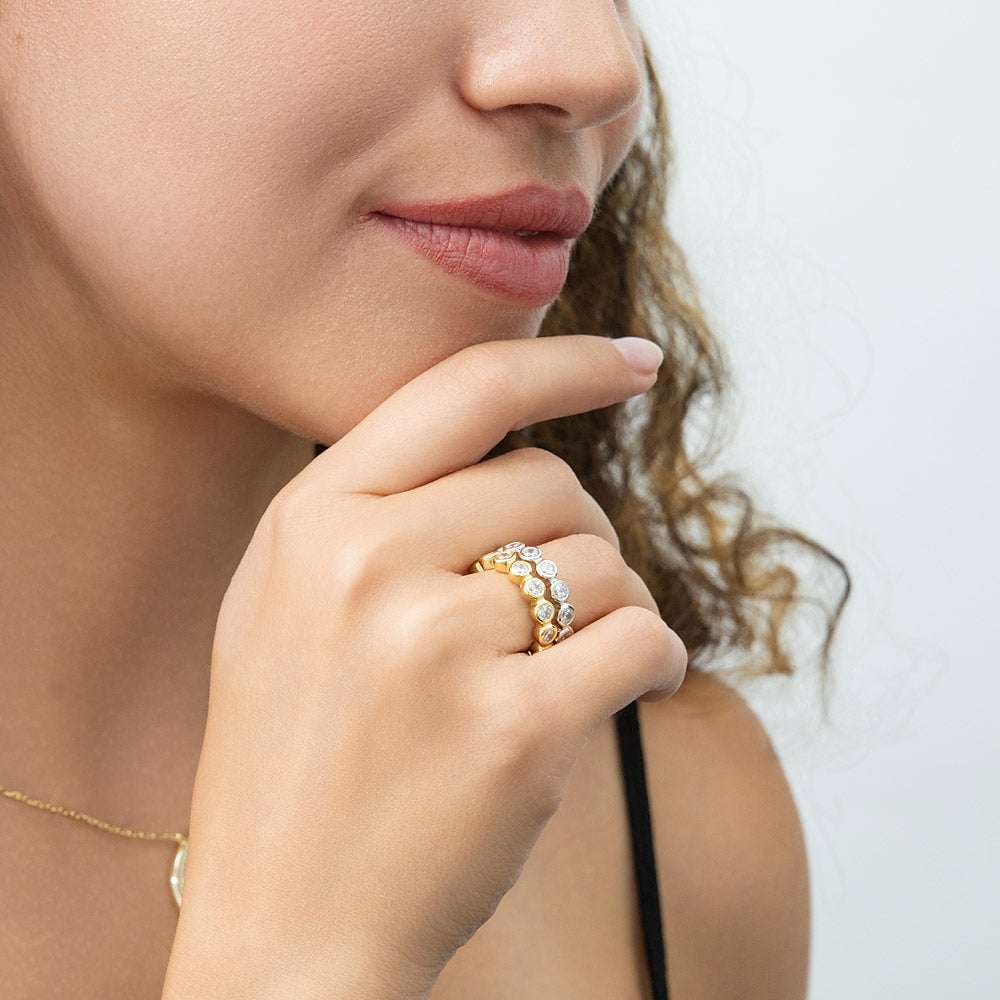 Model wearing Bubble Bezel CZ Eternity Ring Set in Gold Flashed Sterling Silver, 2 of 15