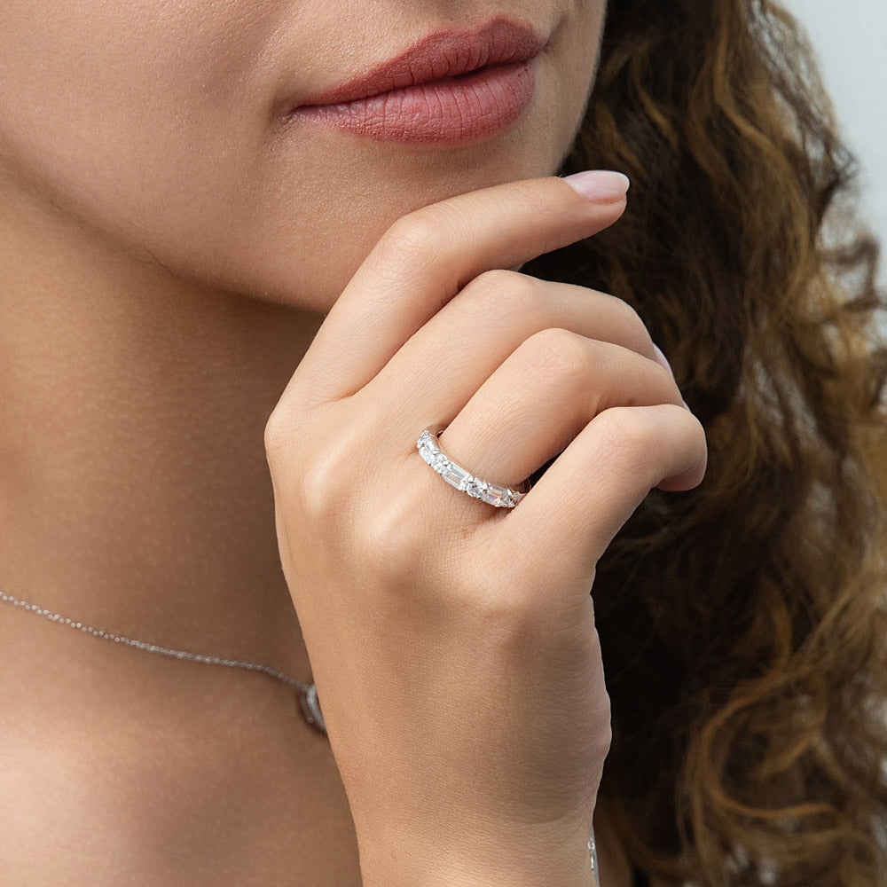 Model wearing Art Deco Pave CZ Eternity Ring in Sterling Silver, 7 of 10
