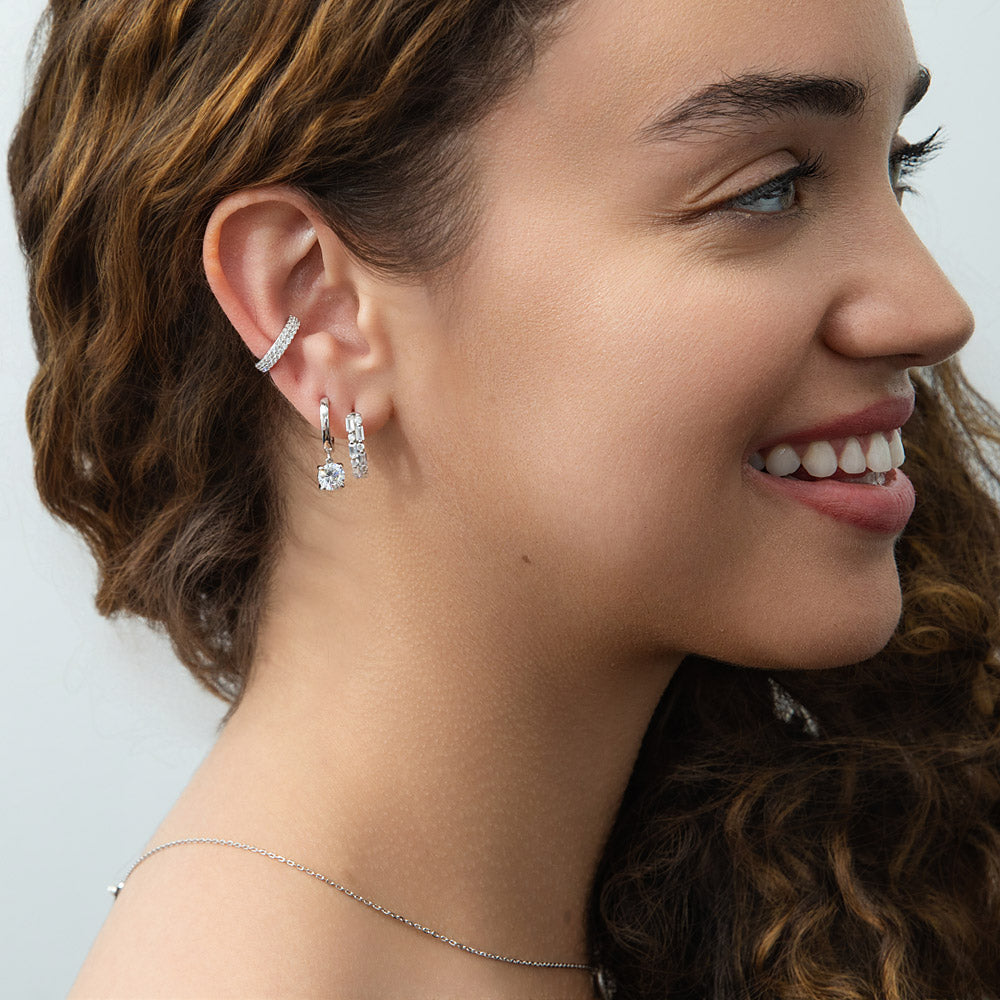 Model wearing CZ Ear Cuff Cartilage Earrings in Sterling Silver, Rhodium Plated