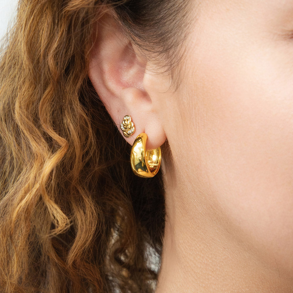 Model wearing Dome Small Hoop Earrings in Sterling Silver 0.8-1 inch, 2 Pairs, Yellow Gold Flashed