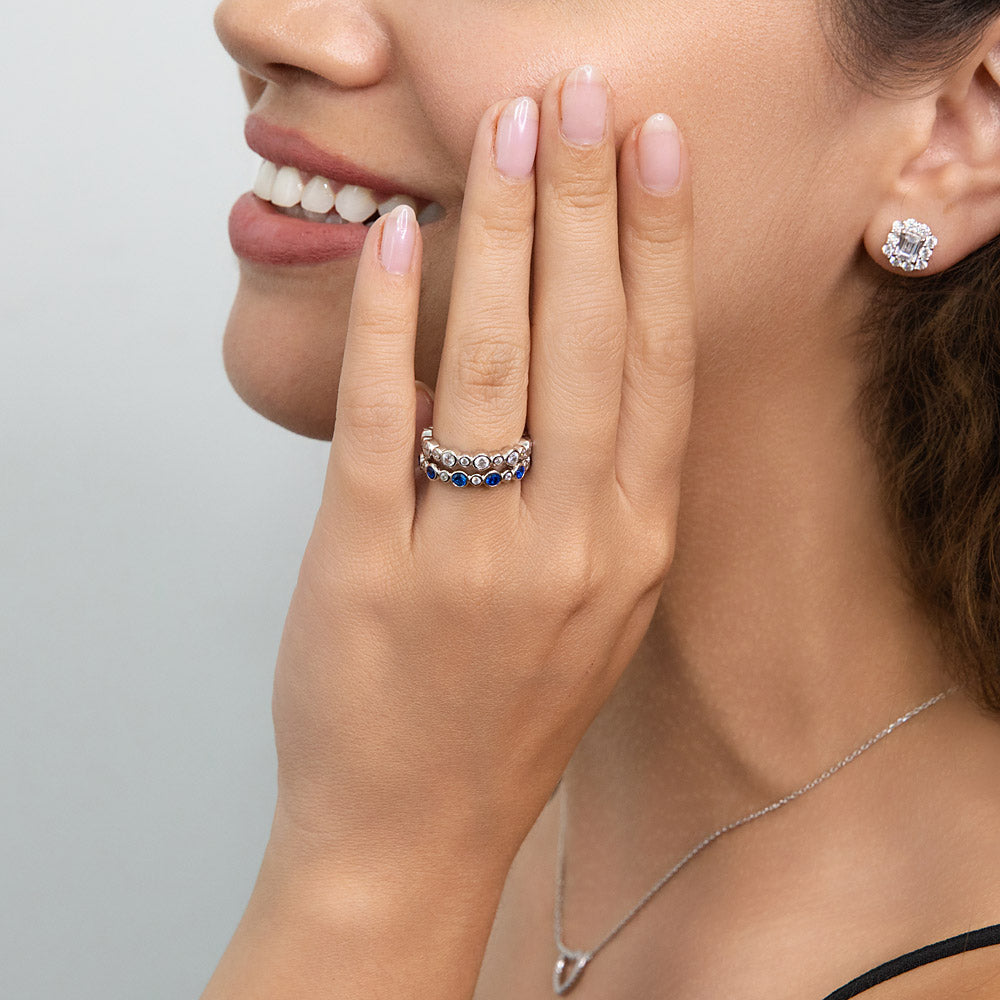 Model wearing Bubble Bezel CZ Eternity Ring Set in Sterling Silver, 5 of 16