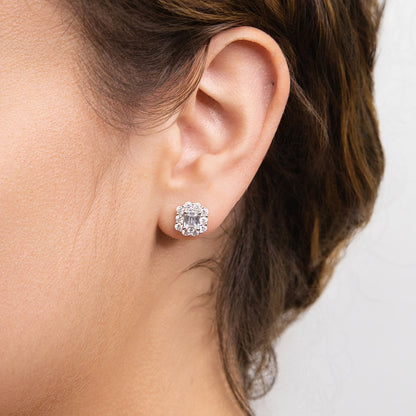 Halo Emerald Cut CZ Stud Earrings in Sterling Silver