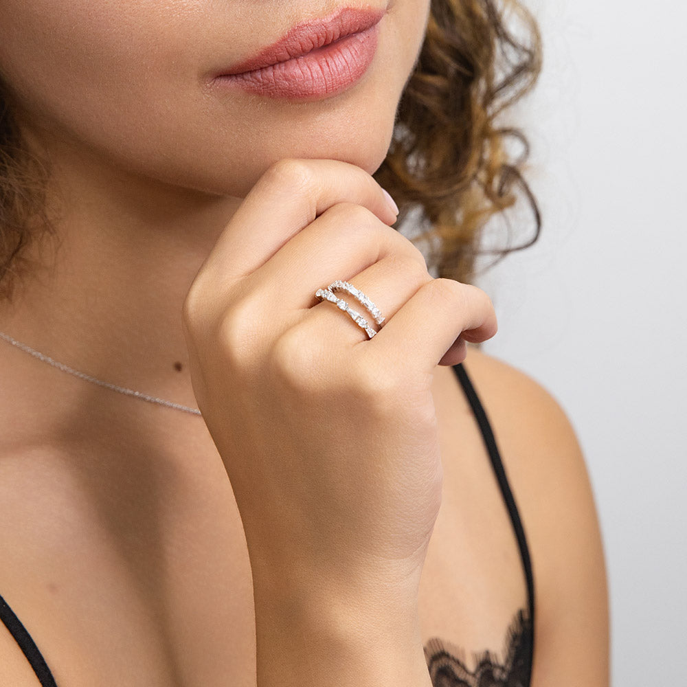 Model wearing Art Deco CZ Eternity Ring Set in Sterling Silver, 5 of 12