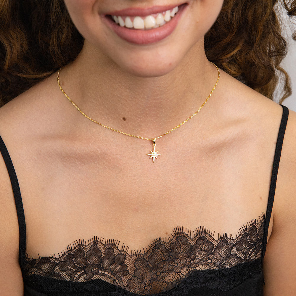 Model wearing North Star CZ Necklace in Sterling Silver, Yellow Gold Flashed