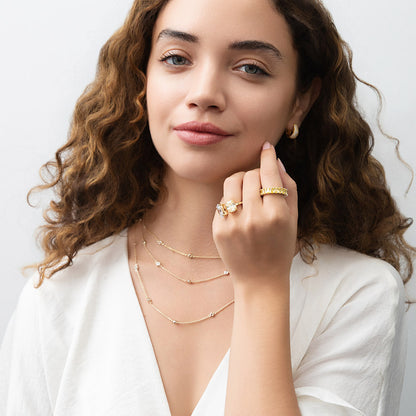 Model Wearing Dome Hoop Huggie Earrings, Eternity Ring, Open Ring