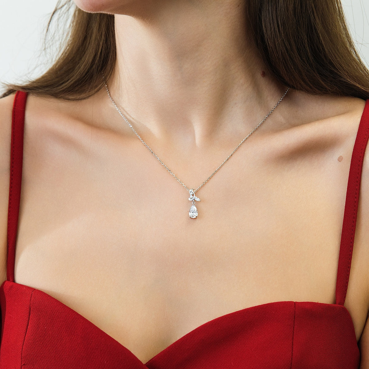 Model wearing Filigree CZ Pendant Necklace in Sterling Silver, 7 of 9