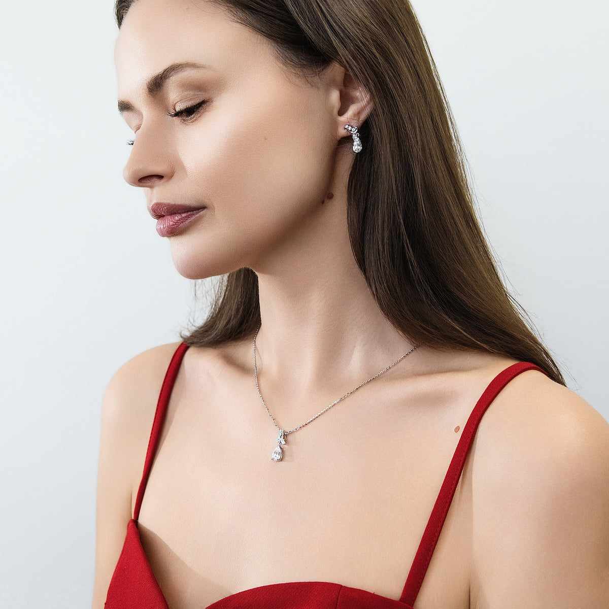 Model wearing Filigree CZ Pendant Necklace in Sterling Silver, 5 of 9