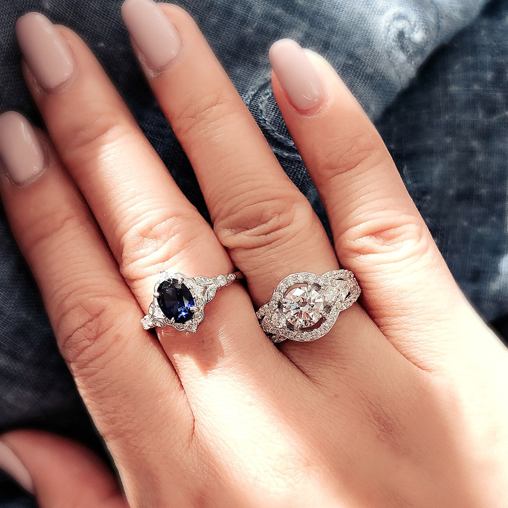 Image Contain: Model Wearing 3-Stone Ring, Halo Ring