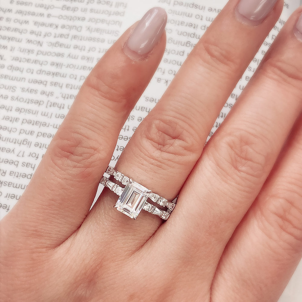 Image Contain: Model Wearing Art Deco Half Eternity Ring, Solitaire with Side Stones Ring