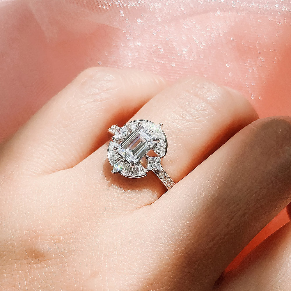 Model wearing Halo Art Deco Emerald Cut CZ Ring in Sterling Silver, 6 of 11