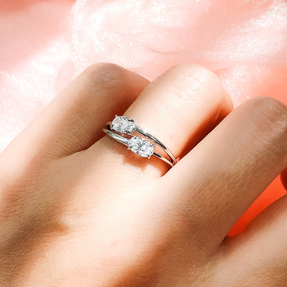 Model wearing Bypass 2-Stone CZ Split Shank Ring in Sterling Silver, 6 of 12