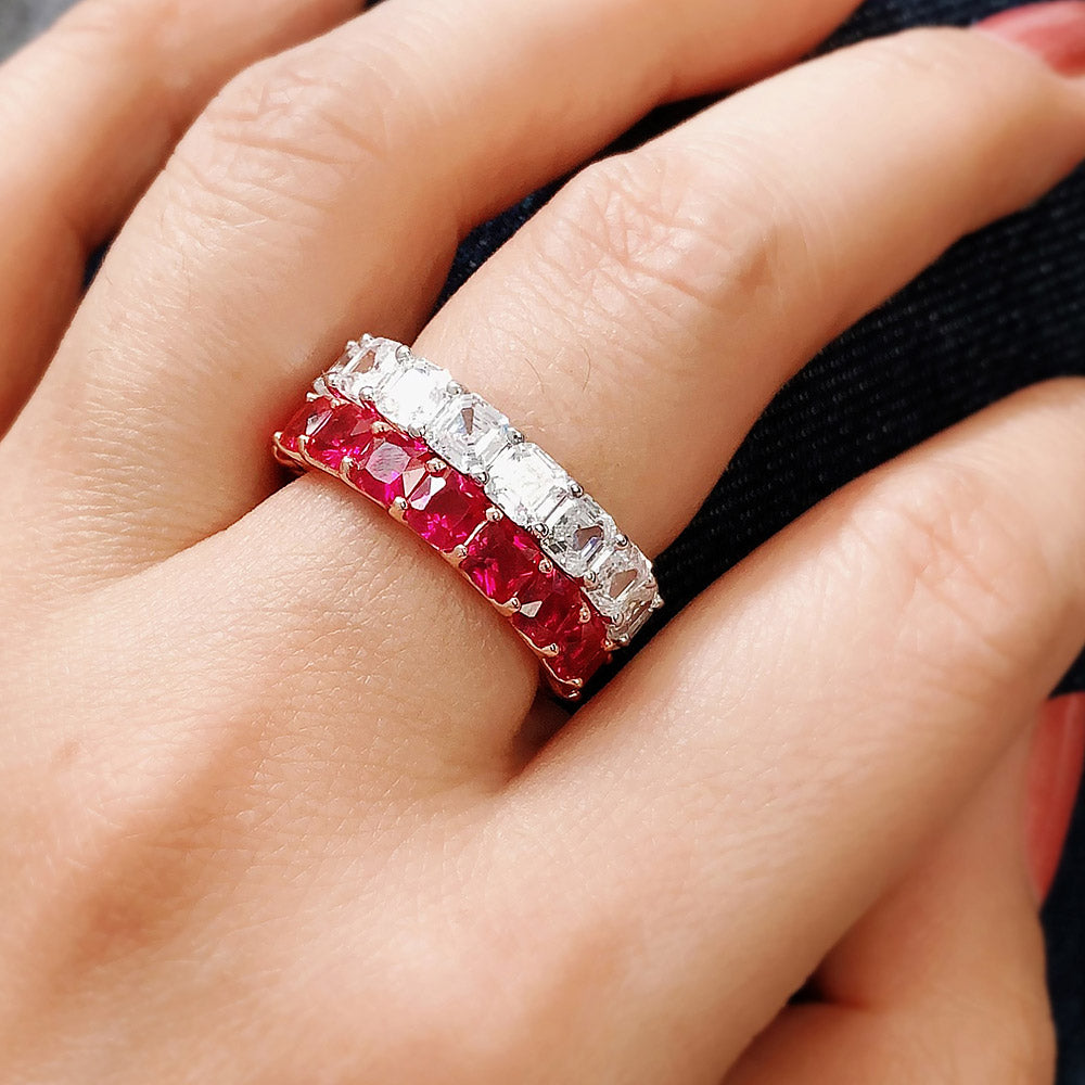 Model wearing Red Pave CZ Eternity Ring in Rose Gold Flashed Sterling Silver, 9 of 10