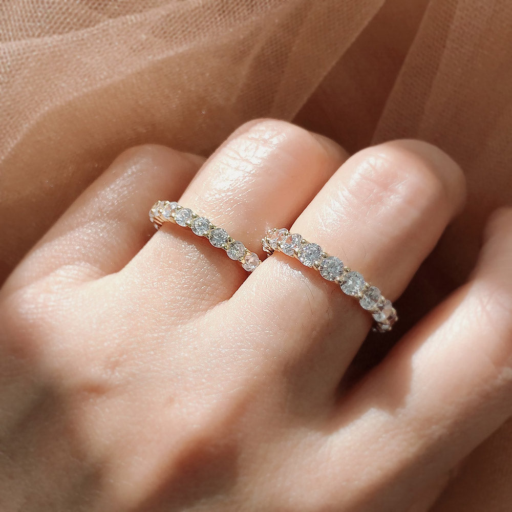 Model wearing Pave CZ Eternity Ring in Gold Flashed Sterling Silver, 9 of 11