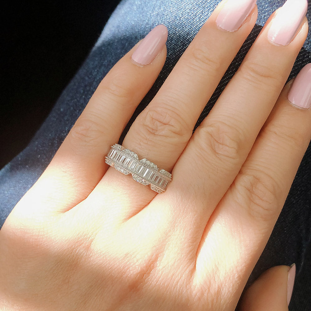 Model wearing Art Deco CZ Band Ring in Sterling Silver, 6 of 11