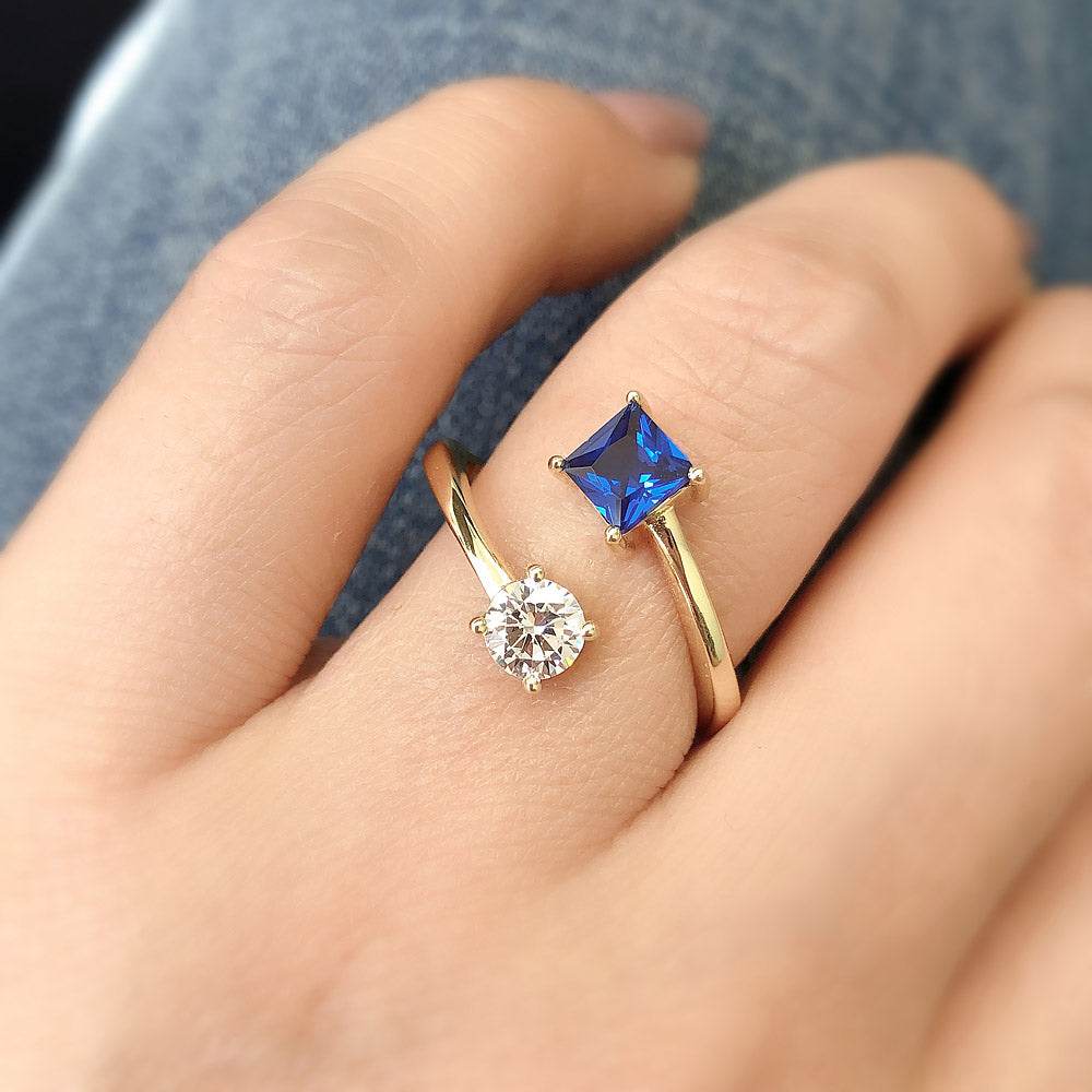 Bypass Blue CZ Ring in Gold Flashed Sterling Silver