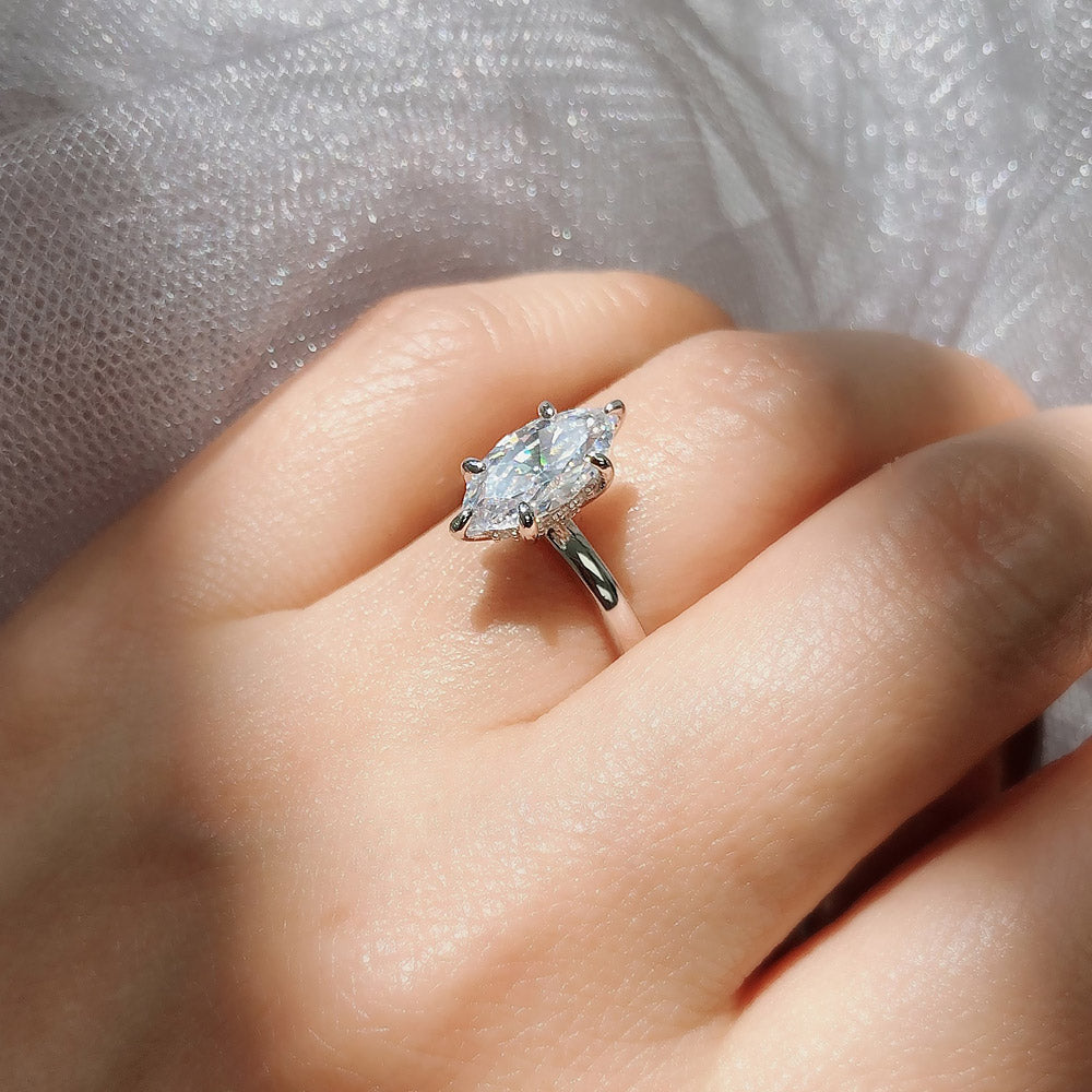 Model wearing Solitaire 1.6ct Marquise CZ Ring in Sterling Silver, 6 of 10