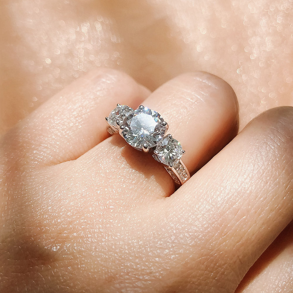 Model wearing 3-Stone 2ct CZ Ring in Sterling Silver, 8 of 10