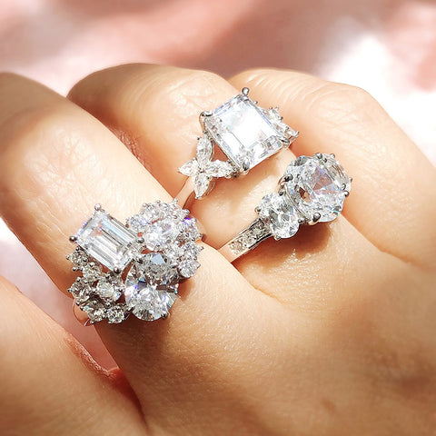 Model Wearing 3-Stone Ring, Cluster Ring, Flower Ring