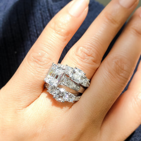 Model Wearing 3-Stone Ring, Solitaire with Side Stones Ring