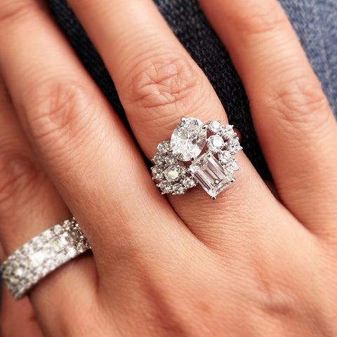 Model Wearing Art Deco 3-Row Half Eternity Ring, Cluster Ring