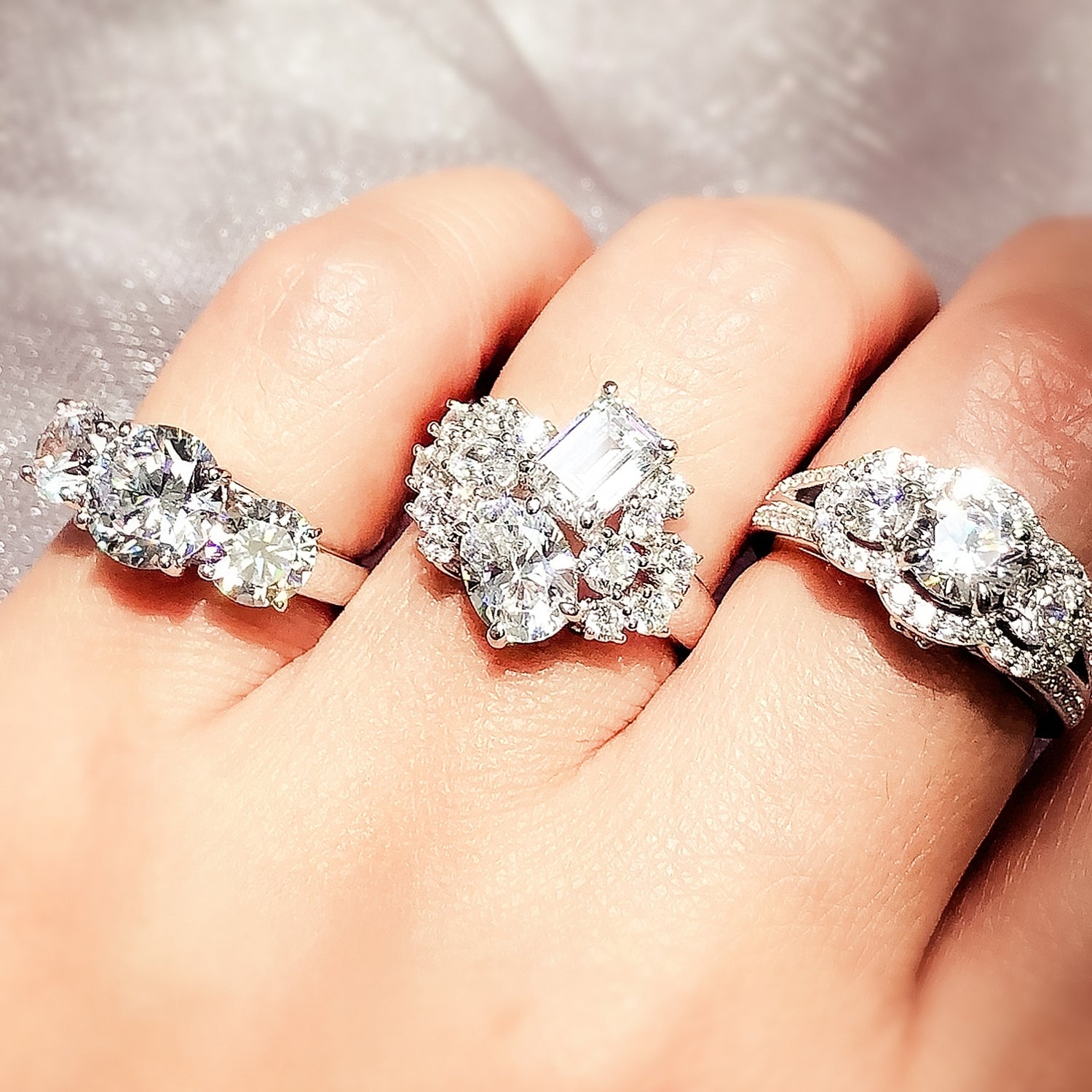 Model Wearing 3-Stone Ring, 3-Stone Split Shank Ring, Cluster Ring
