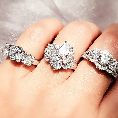 Model Wearing 3-Stone Ring, 3-Stone Split Shank Ring, Cluster Ring