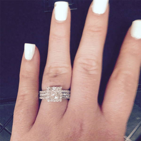Model Wearing 3-Stone Ring Style R1593-01, Wishbone Curved Half Eternity Ring Style R1451-B