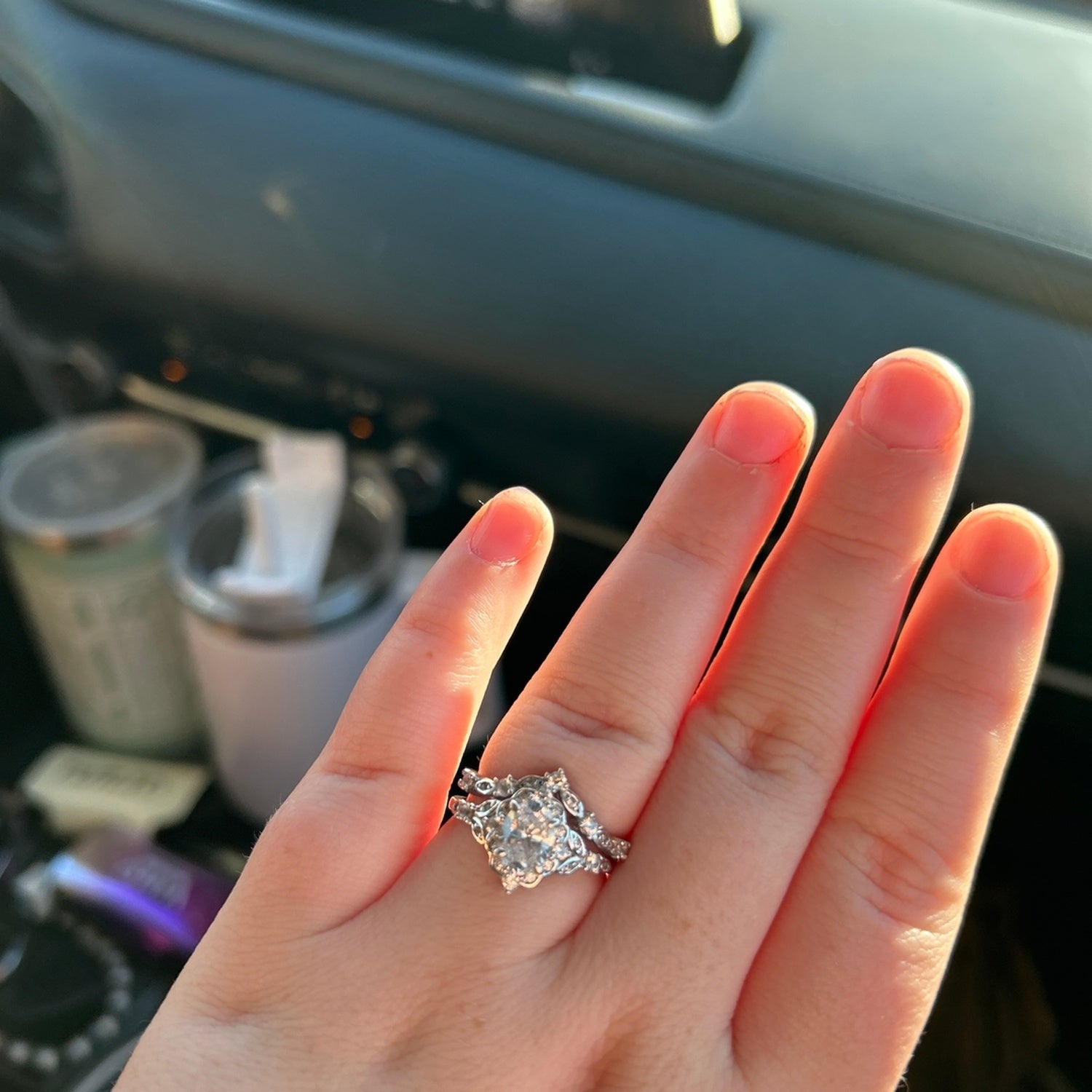 Model Wearing Halo Ring, Wishbone Curved Band
