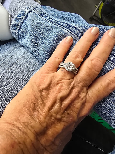 Model Wearing Half Eternity Ring Style R905-04, Halo Ring Style R952-01