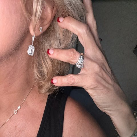 Model Wearing Halo Dangle Earrings Style E1224-01