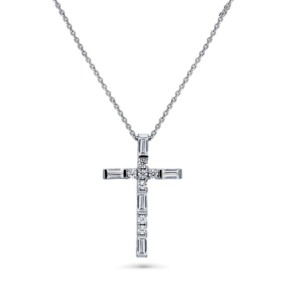 Cross CZ Pendant Necklace in Sterling Silver, Rhodium Plated