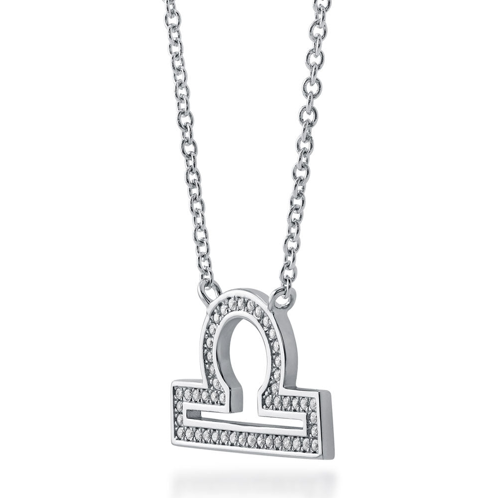 Front view of Zodiac CZ Pendant Necklace in Sterling Silver, Libra