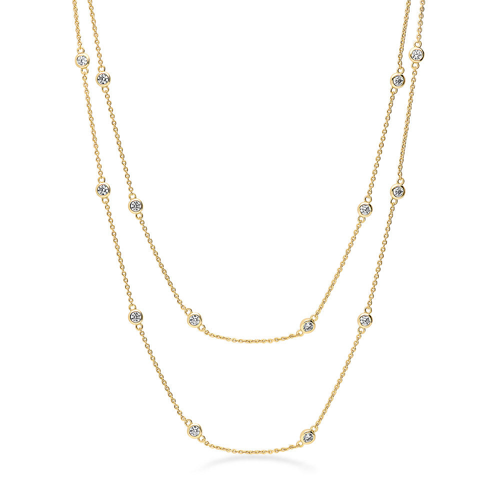 Station CZ Station Necklace in Sterling Silver, Yellow Gold Flashed / 36 inch