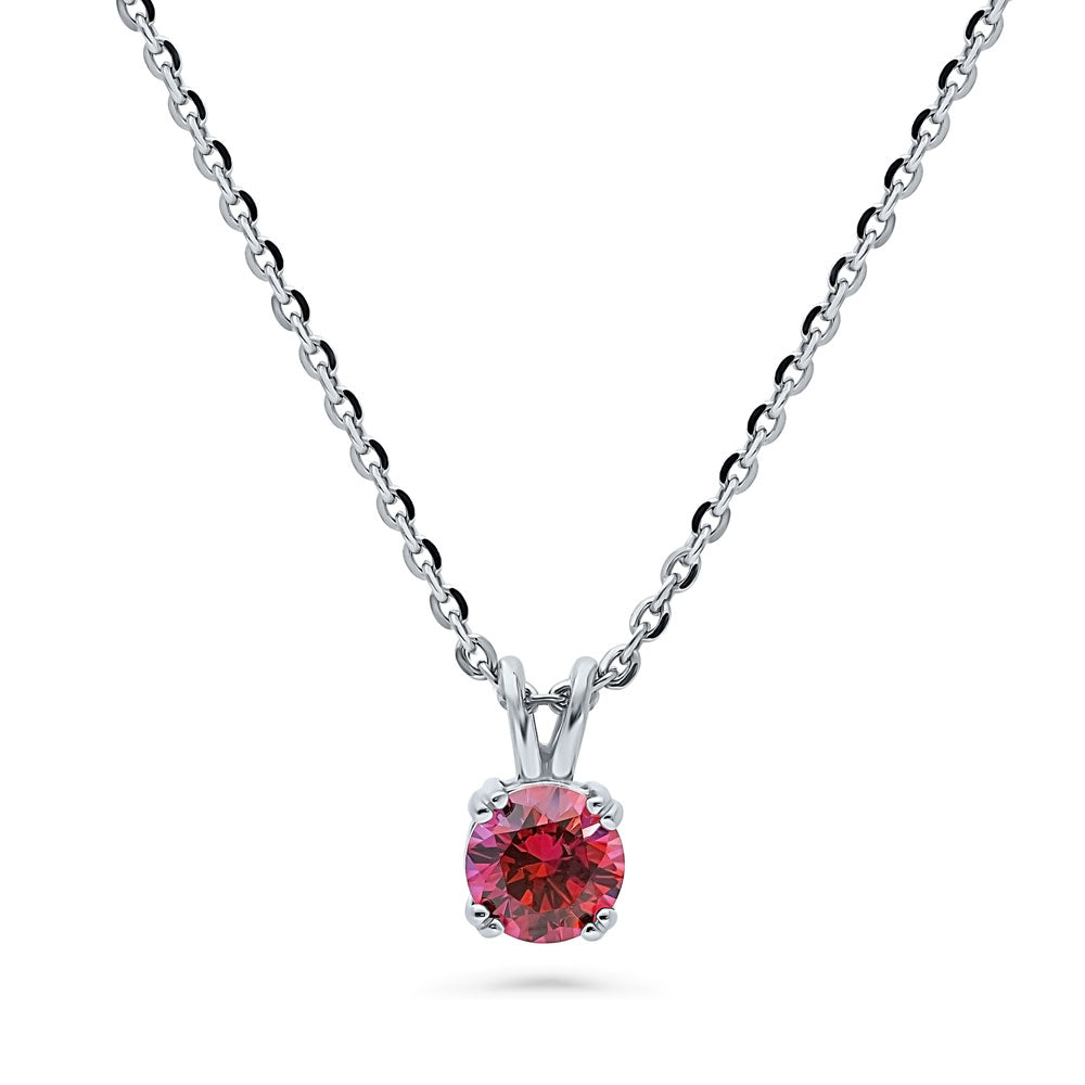 Solitaire CZ Necklace in Sterling Silver, Round Cut / Red