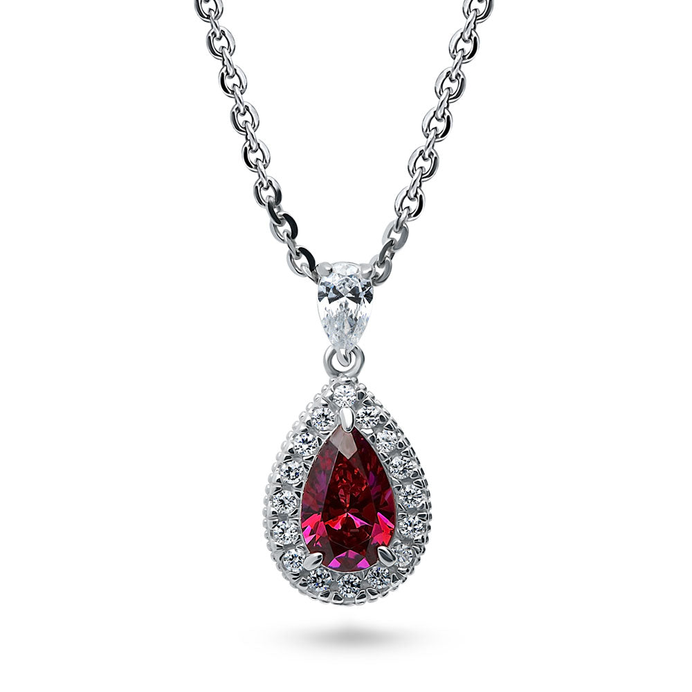 Halo Pear CZ Necklace in Sterling Silver, Red