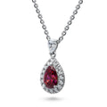 Front view of Halo Pear CZ Necklace in Sterling Silver, Red