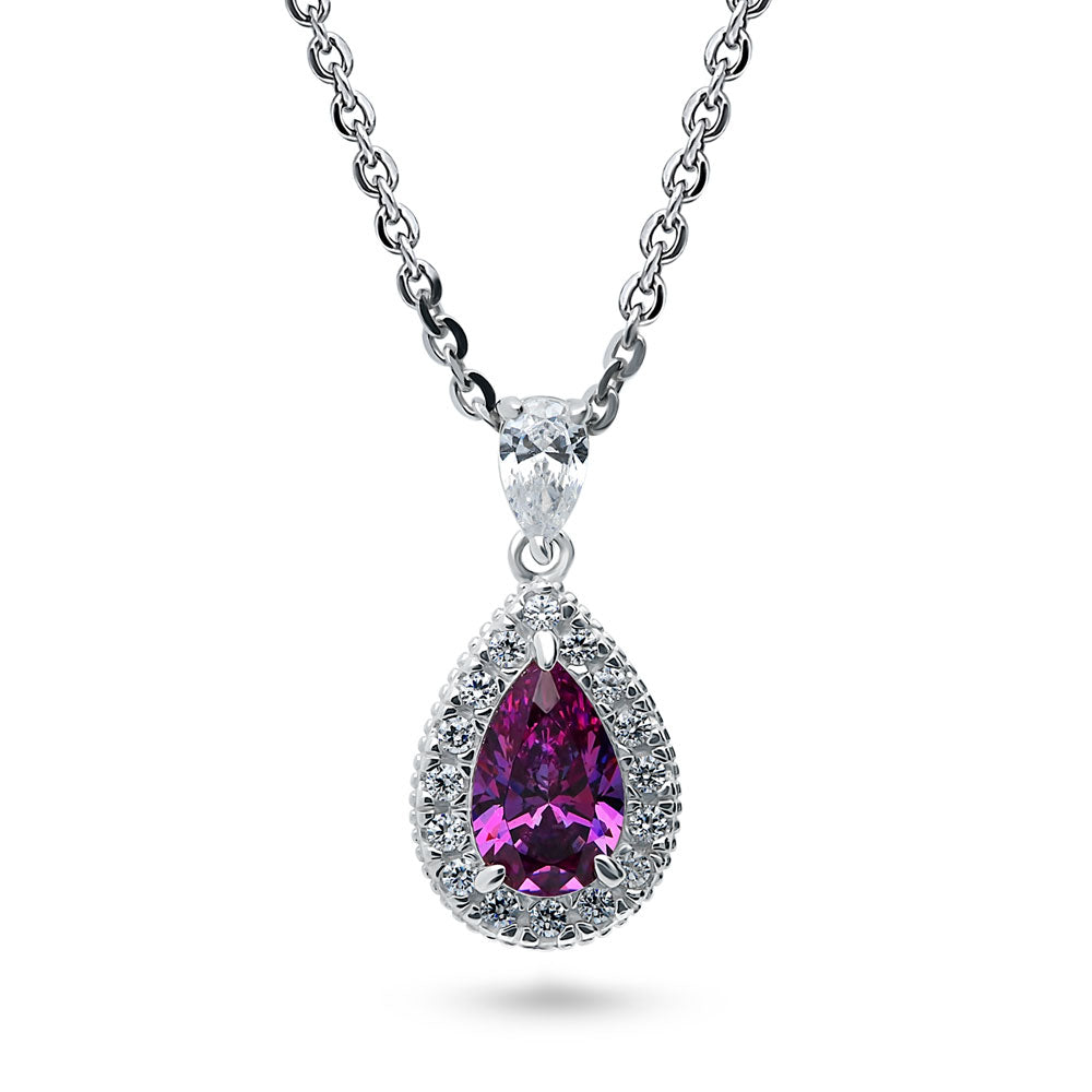 Halo Pear CZ Necklace in Sterling Silver, Purple
