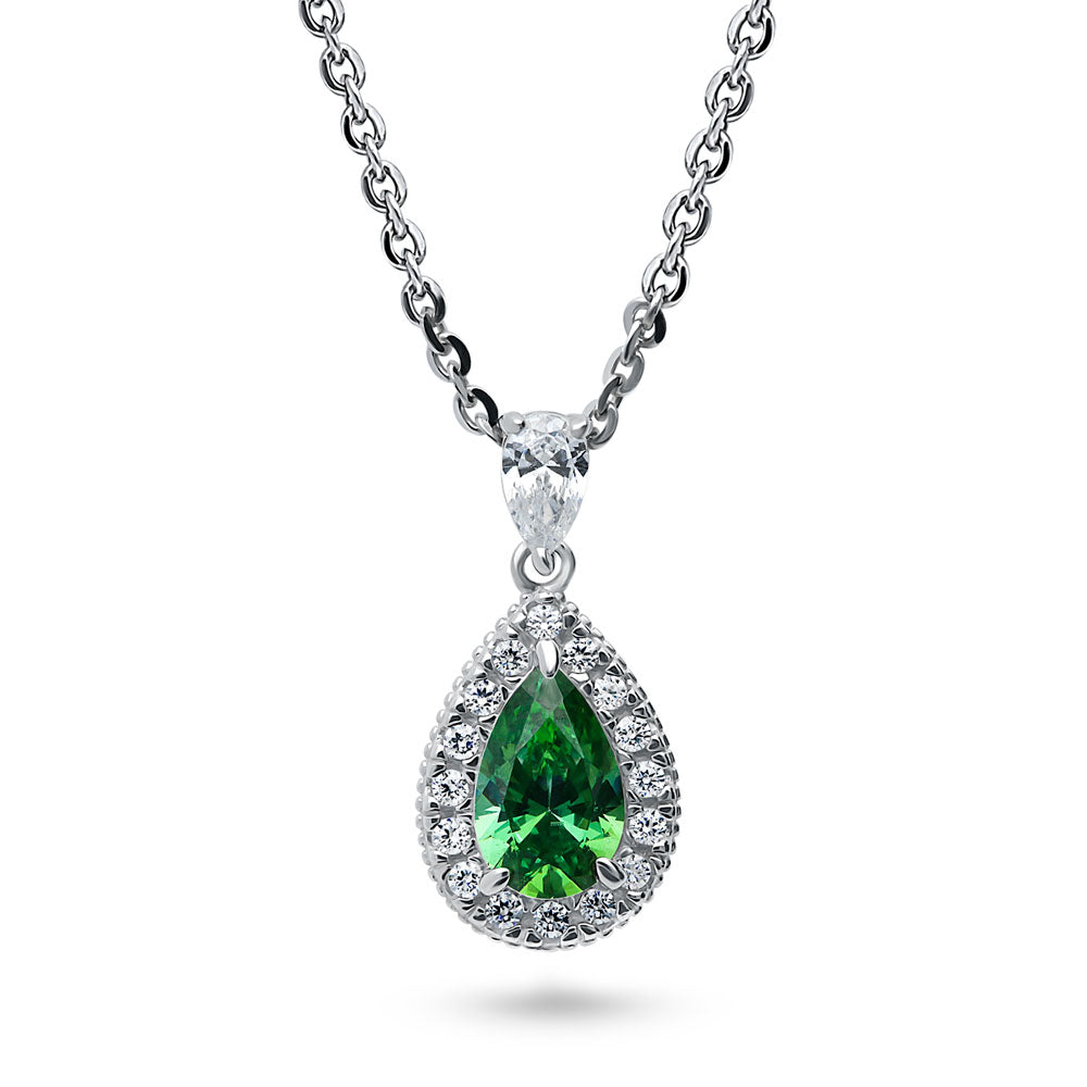 Halo Pear CZ Necklace in Sterling Silver, Green
