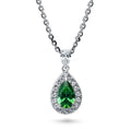 Halo Pear CZ Necklace in Sterling Silver, Green