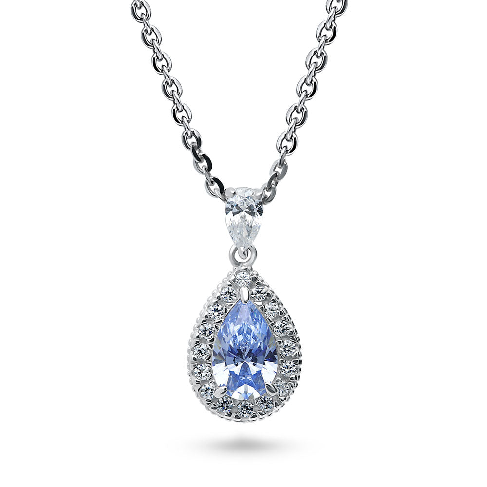 Halo Pear CZ Necklace in Sterling Silver, Blue