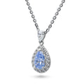 Front view of Halo Pear CZ Necklace in Sterling Silver, Blue