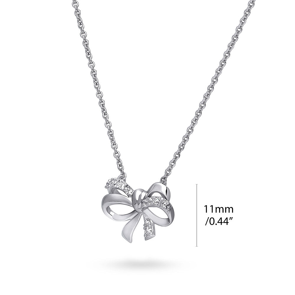 Front view of Bow Tie Ribbon CZ Necklace in Sterling Silver, Style 2