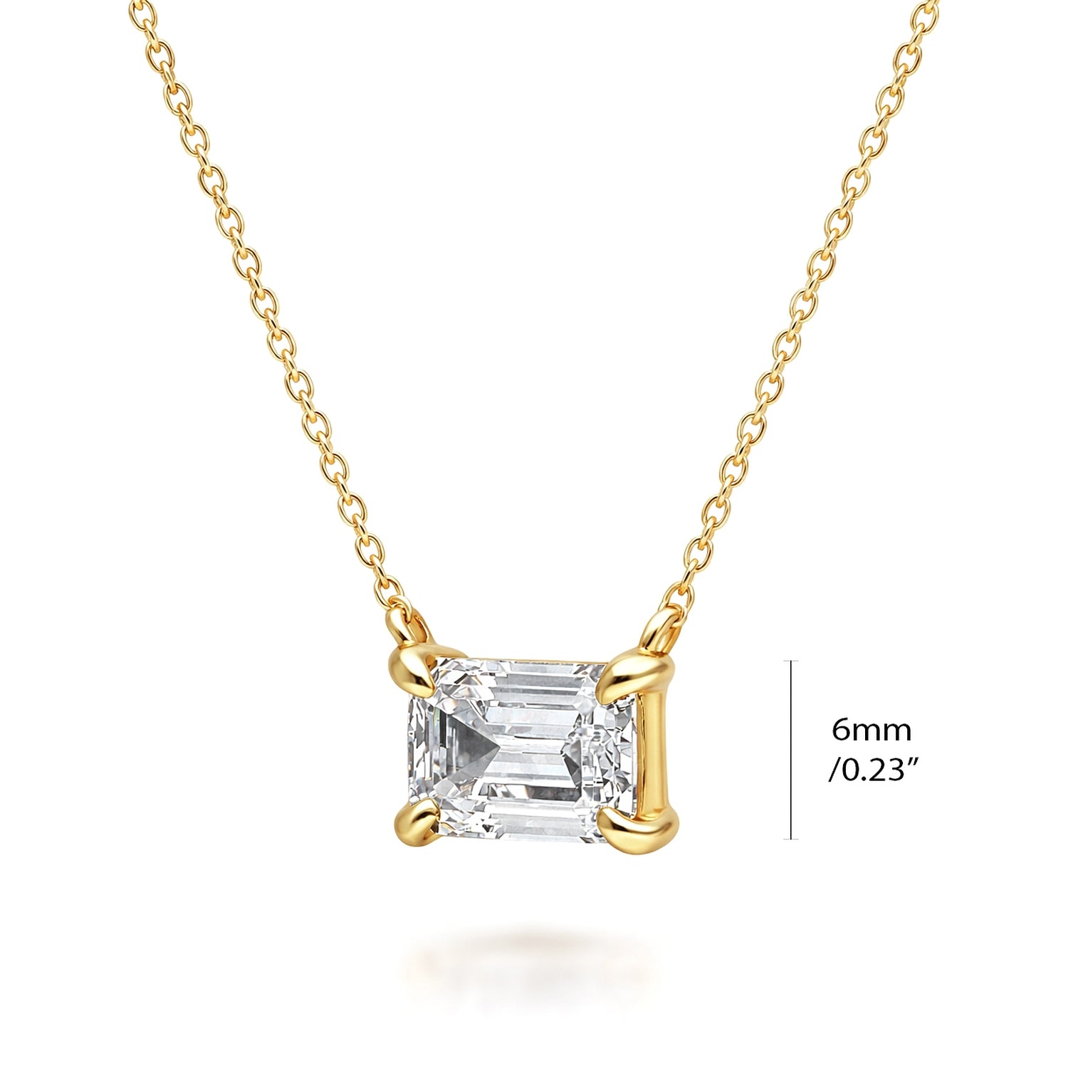 Solitaire East-West Emerald Cut CZ Necklace in Sterling Silver, Gold Flashed