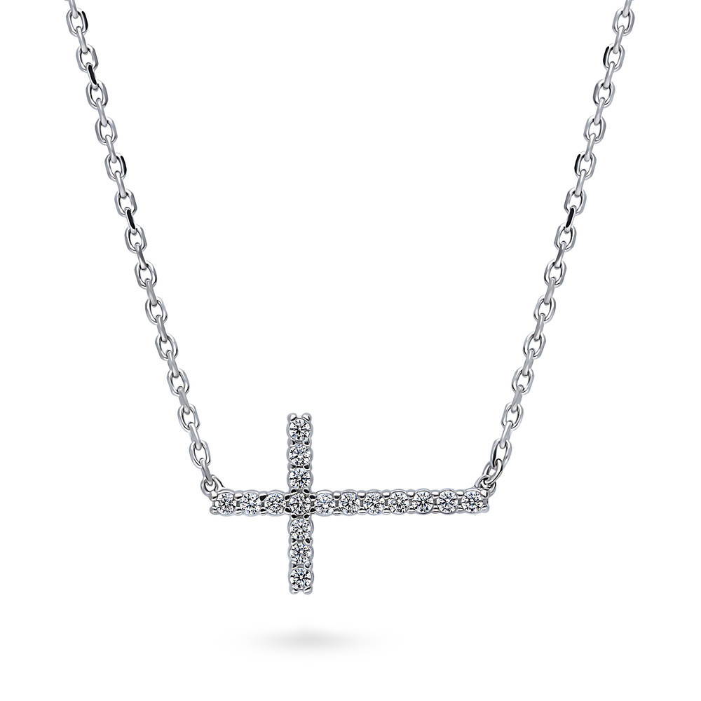 Sterling Silver Sideways Cross Cubic Zirconia CZ Necklace #N1604